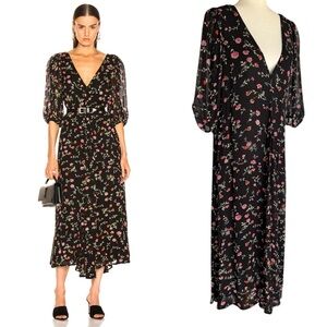Ganni Floral Georgette Midi Dress Puff Sleeve Size L 8/10 EU 40